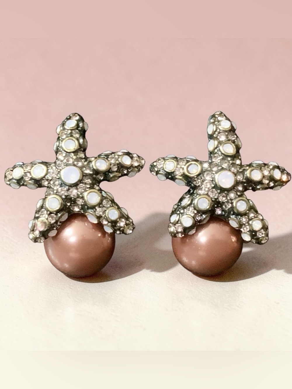 Starfish Pearl Drop Earrings - Pink Pearl and Crystal Accent